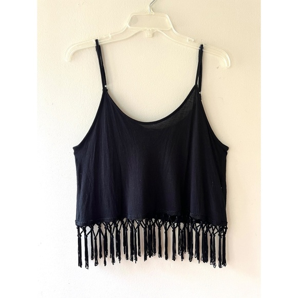 Forever 21 Sz L Black Spaghetti Strap Tank Top Pullover Stretch Fringe Hem - Picture 2 of 8